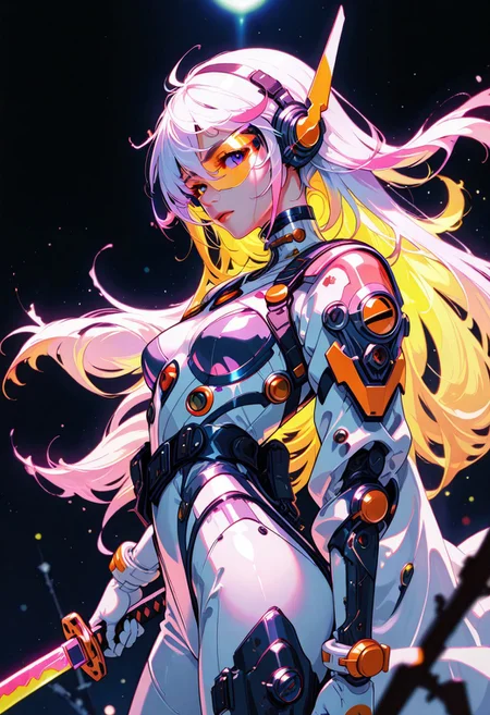 ckym, in the style of ckym, masterpiece, best quality, good quality, very aesthetic, absurdres, newest, 8K, depth of field, focused subject, artist:moriimee, BREAK  intricate linework with expressive contrasts, soft lighting with dynamic highlights, image of a female angel, sci-fi headset, white plugsuit with armour, cyberpunk visor, long bioluminescent hair, flowing hair, bangs, holding a glowing neon katana, looking at the viewer, dark background, bokeh, viewed from side, perfect hand