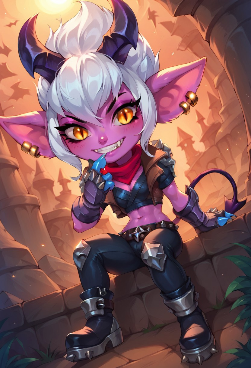 score_9, score_8_up, score_7_up, score_6_up, ultra quality, full body, 1girl, DTristana, curvy figure, shortstack, yordle, demon girl, purple skin, white hair, demon horns, orange eyes, slit pupils, fangs, crop jacket, red scarf, belt, clenching teeth, smile, animal ears, 4 fingers, gloves, demon hands, leg bent, dutch angle, leggings, boots, sitting, scratching chin, thinking, dynamic pose, looking at viewer, hell, 4k, vibrant colors