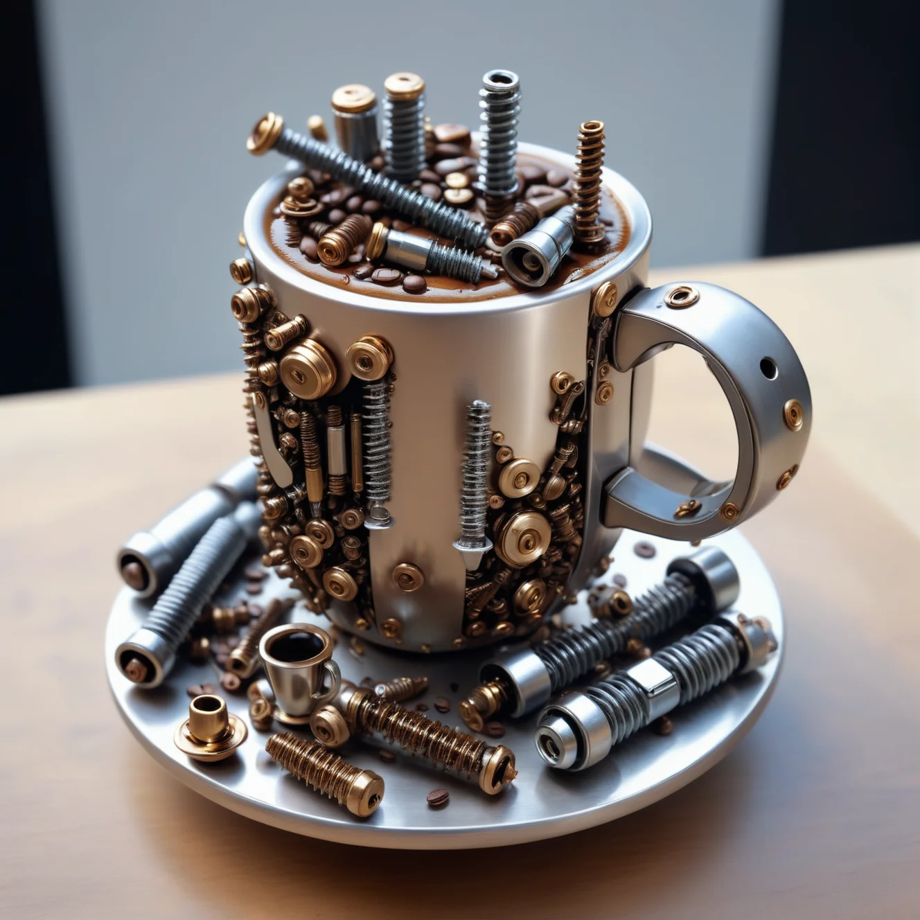 a coffee made out of Jed-Screws, photorealistic, full of details, detailed screws, <lora:SteelScrewsStyle-000006:0.7>