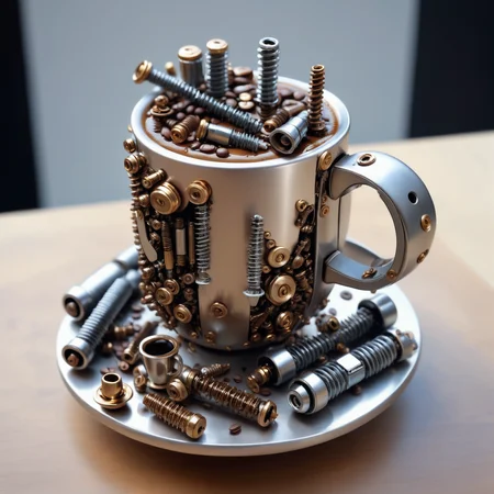a coffee made out of Jed-Screws, photorealistic, full of details, detailed screws, <lora:SteelScrewsStyle-000006:0.7>