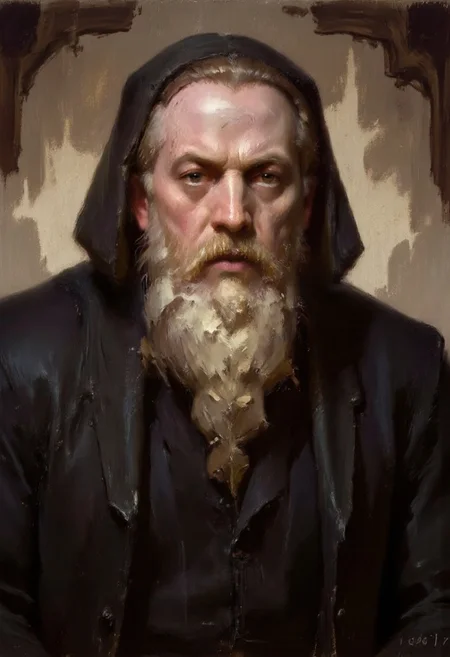 Dark-Fantasy-Cardd-V.2.0 style dark fantasy oil painting with detailed eyes that features a human warlock, old man with long white beard wearing a black robe