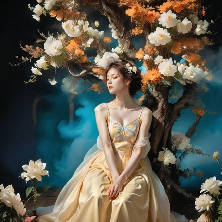 <lora:add-detail-xl:1.0>, 1girl, solo, dress, flower, hair ornament, closed eyes, tree, hair flower, brown hair, sitting <lora:LangV1:0.7>, <lora:RuanV1:0.6>,