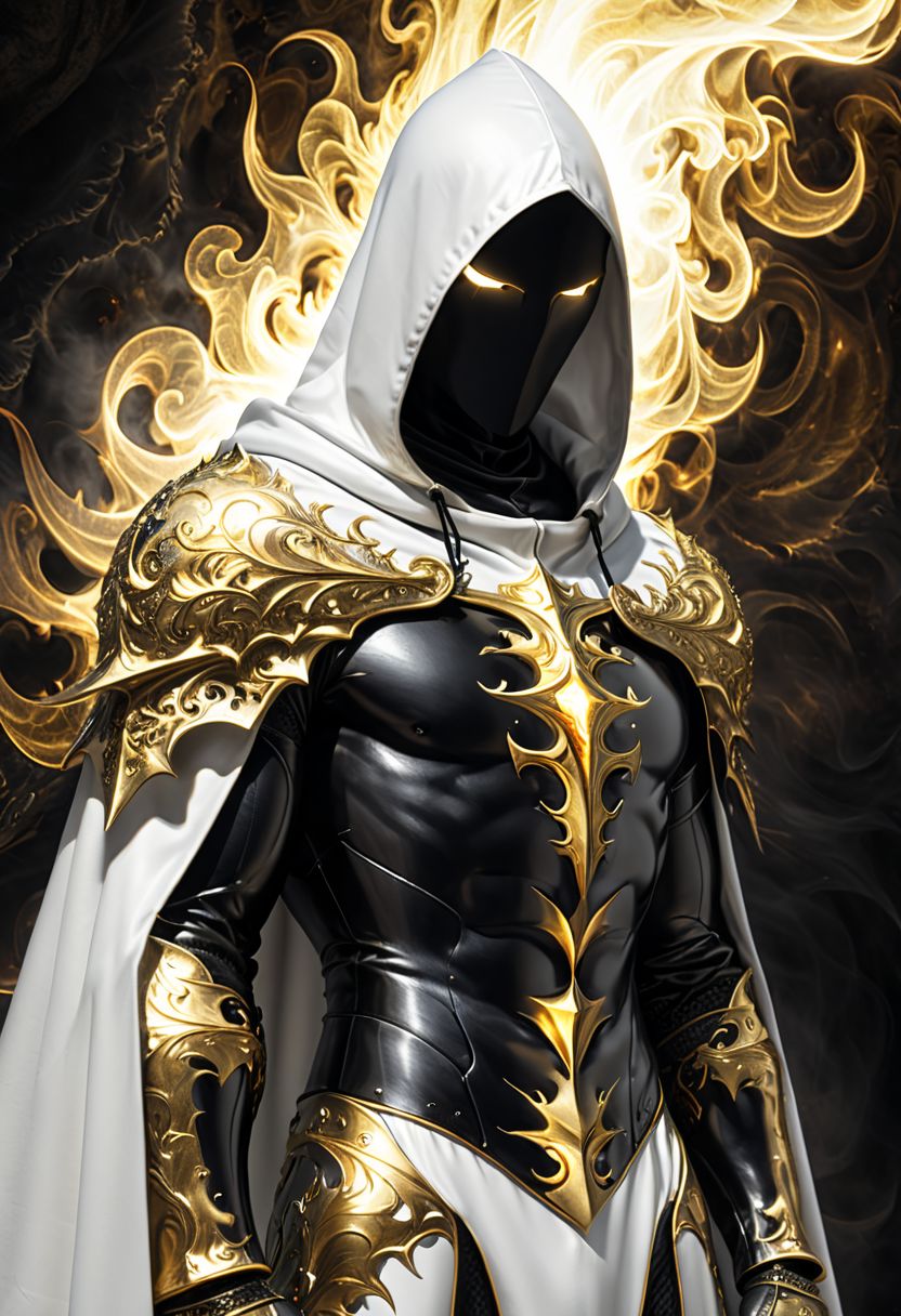 Dark fantasy, shadow knights, (( white and gold plug suit, black smoke in plug suit) ), (burning eyes:1) , (white, gold hooded cloak of leather material) , (fractal art:1.2) , cave background, transparency, caustics, optics, surreal, magic, masterpiece, perfect anatomy, 32k UHD resolution, best quality, highres, realistic photo, professional photography, cinematic angle, reflection lights, closed up