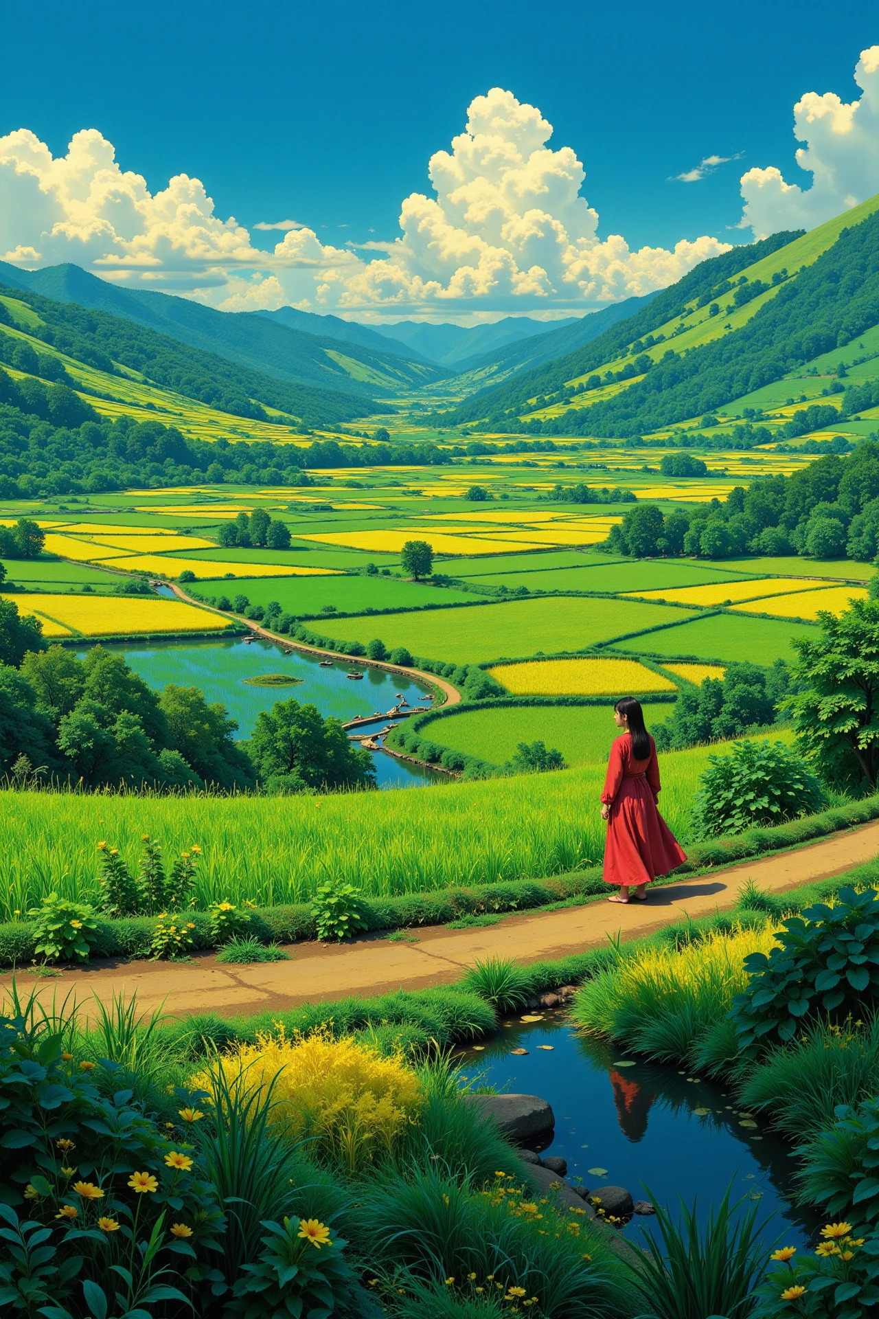 rice paddy beautiful  landscape, early morning, woman, very intricate, very detailed, sharp, bright, colorful, <lora:Hand v2:0.5> <lora:Anti-Blur:1><lora:Insane Detail Slider:0.25>  <lora:flux.1_lora_flyway_Epic-detail_v2:0.3> <lora:fluxenhancer:0.25> <lora:Anime_style:0.6> anime style