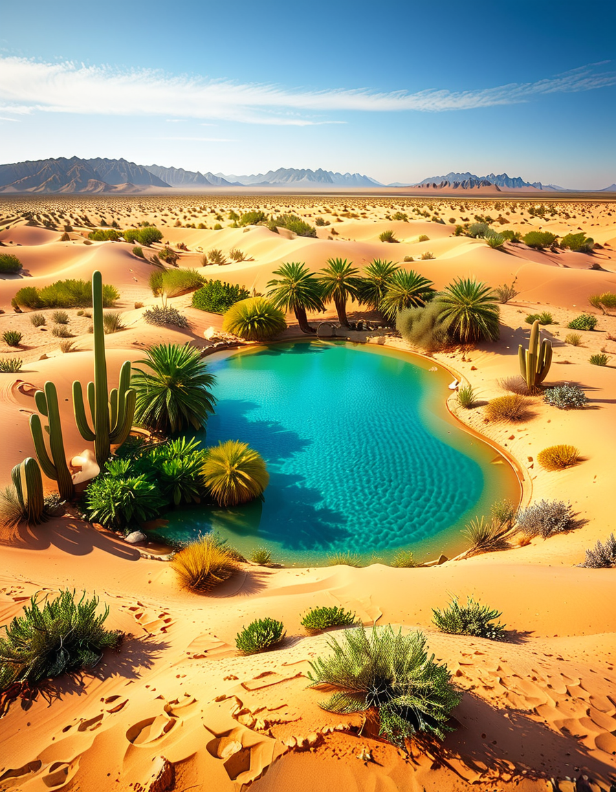 A serene oasis in the middle of an expansive golden desert, surrounded by rolling sand dunes under a vibrant blue sky. The oasis features a small, crystal-clear lagoon with calm, reflective water, bordered by lush green palm trees and colorful tropical plants. The scene is bathed in warm sunlight, with soft golden light illuminating the sand and creating subtle shadows among the dunes. In the background, faint silhouettes of distant mountains blend into the horizon. A few wisps of white clouds drift lazily in the sky, adding depth and texture to the composition. The overall atmosphere is peaceful and tranquil, evoking a sense of calm and wonder in the harsh desert landscape.<lora:SDXLFaeTastic2400:0.4> <lora:extremely_detailed:0.4> extremely detailed, <lora:O4s1s:1>,O4s1s, Masterpiece,best quality,hi res,8k,hi res,8k,award winning,(sharp focus, intricate, highly detailed),