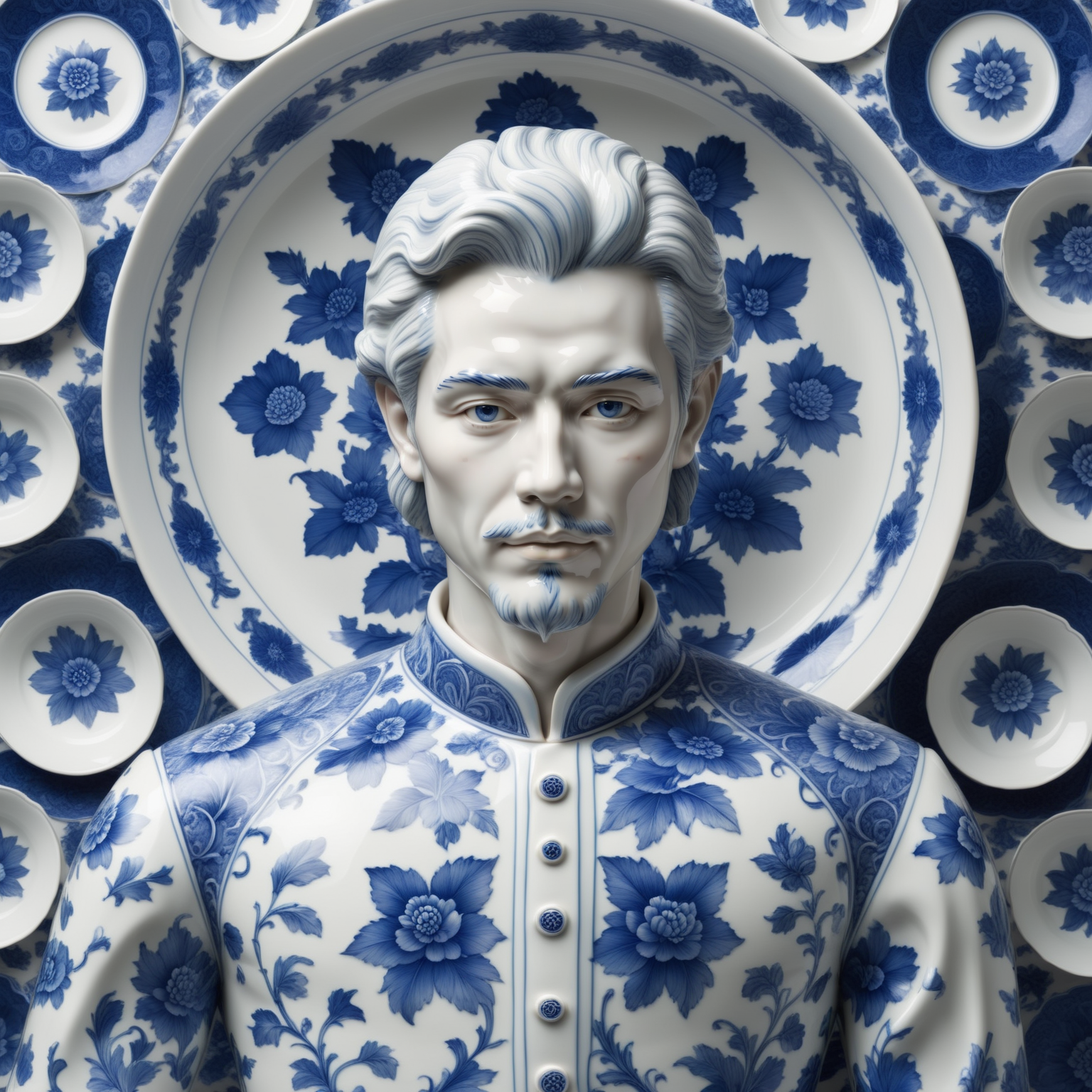 a man made out of Bluepatternporcelain ,  <lora:BluePatternPorcelainStyle:0.7>