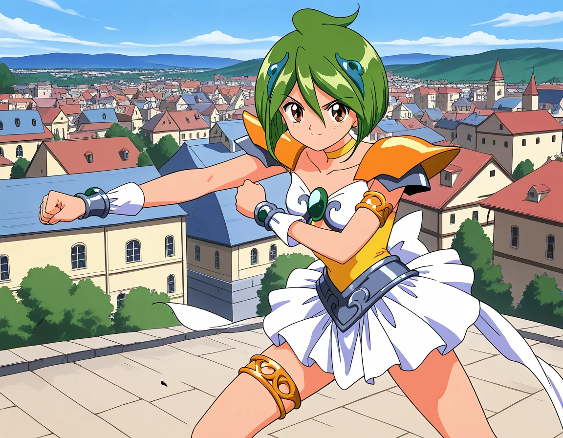 general,highres, ultra-detailed,very aesthetic,best quality ,best hands, BREAK <lora:Tamano_Hinagiku_IS:1> Tamano_Hinagiku, 1girl,solo, green hair, short hair, brown eyes, hair between eyes, 1990s (style),anime coloring,
solo, green eyes, smile, skirt, choker, looking at viewer, armor, armlet, jewelry, magical girl, thighlet, ahoge, outdoors, white skirt, shoulder armor, pauldrons, day, hair ornament, collarbone, shoulder pads, open parts,
serious face, fighting, punch,
town, outdoor, day, sky,