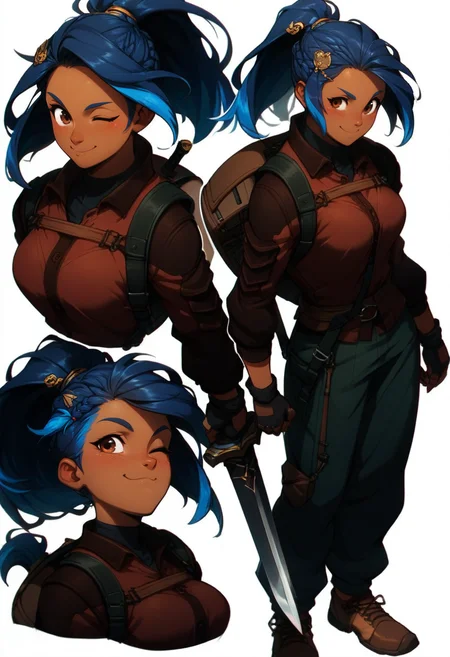 score_9, score_8_up, score_7_up,<lora:xl_more_art-full_v1:0.8>,<lora:add-detail-xl:1>
BREAK
<lora:concept:1>conceptart, 1girl, blue hair, gloves, weapon, multiple views, fingerless gloves, one eye closed, sword, white background, pants, backpack, bag, multicolored hair, smile, simple background, hair ornament, brown eyes, breasts, closed mouth, ponytail, shoes, full body, dark skin, standing, brown footwear, braid, blush