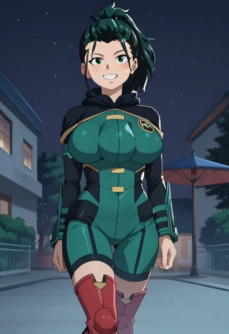 score_9,score_8_up,score_7_up,score_6_upanime BREAK (masterpiece, highest quality, 4k:1.2) , 1 girl, Izuku Midoriya, green hair, ponytail, green eyes, freckles, large breasts, three breasts, anime coloring page, mha, robin dc outfit, red boots, blue outfit, smile, background on the terrace at night.