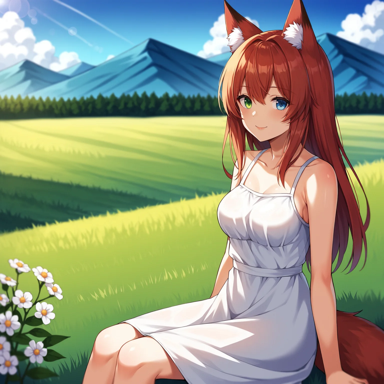 score 9, score 8 up, score 7 up, source anime, [from above], 1girl, solo, (upper body), facing viewer, sitting, light smile, red hair, heterochromia, blue eye, green eye, fox girl, fox ears, fox tail, long hair, bangs, sundress, exposed shoulders, medium breasts, field, grass, on grass, flower,  tree, branch, cloudy sky, mountainous horizon, 8k, absurdres, <lora:StS_DoF_Bokeh_Slider_v0.9:3>