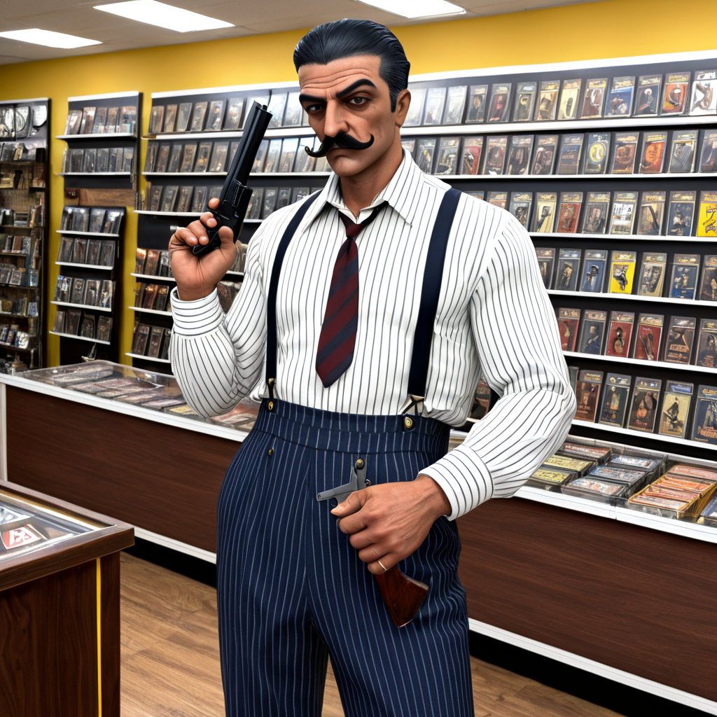 sfw, masterpiece, best quality,absurderes, <lora:AnirealismXL:0.9>,anireal, a mafia boss wearing a pinstripe shirt and suspenders and slacks and dress shoes and holding a tommy gun in a trading card shop,male focus,mustache,italian