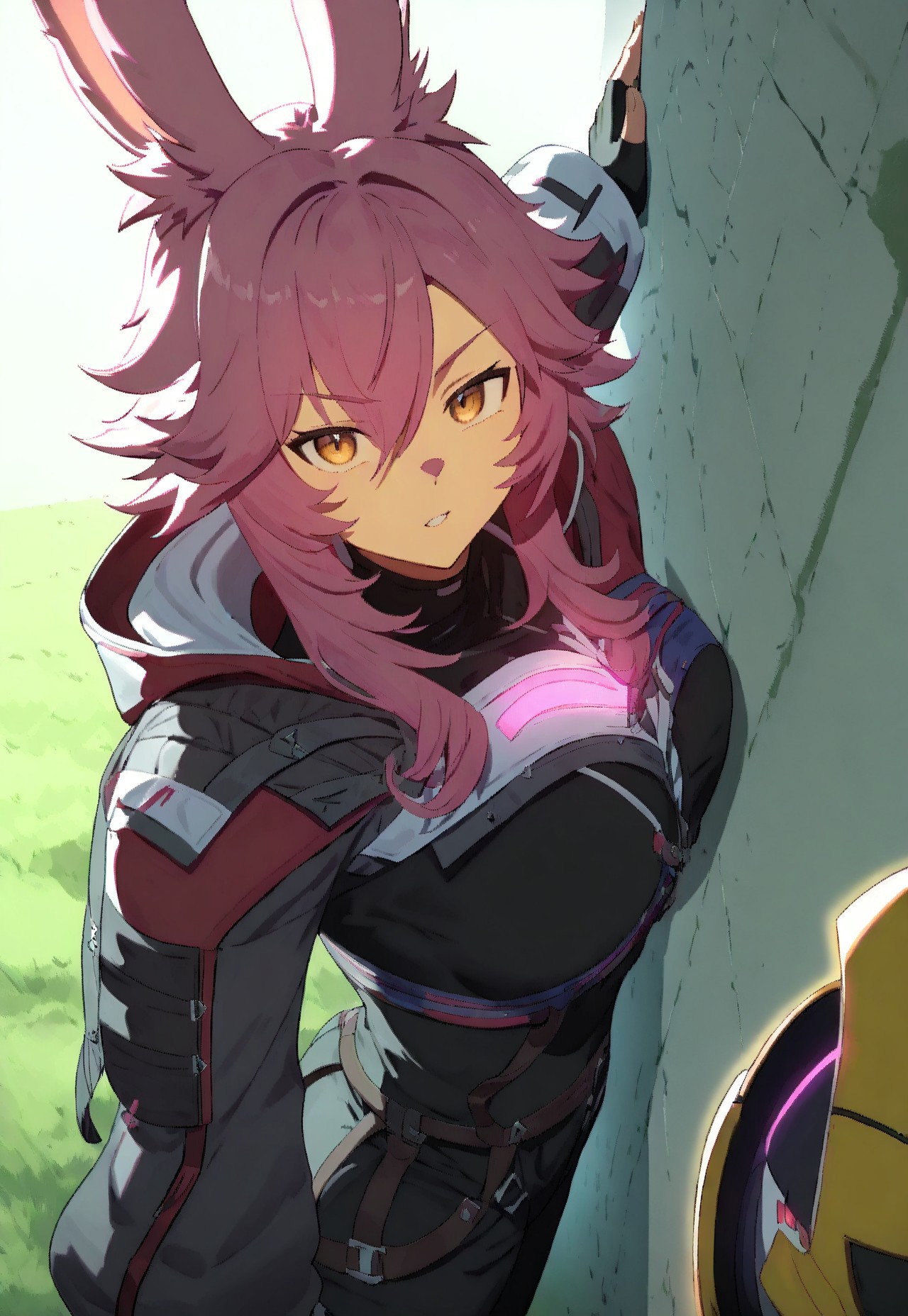 masterpiece, high score, great score, absurdres, solo, 1boy, male focus, yellow eyes, pink hair, viera, gloves, fingerless gloves, animal ears, against wall, furry, looking at viewer, jacket, hood, leggings, vanguard bolero, vanguard helmet , outdoors, Neon, glowing , straps , expressive eyes, perfect face,
