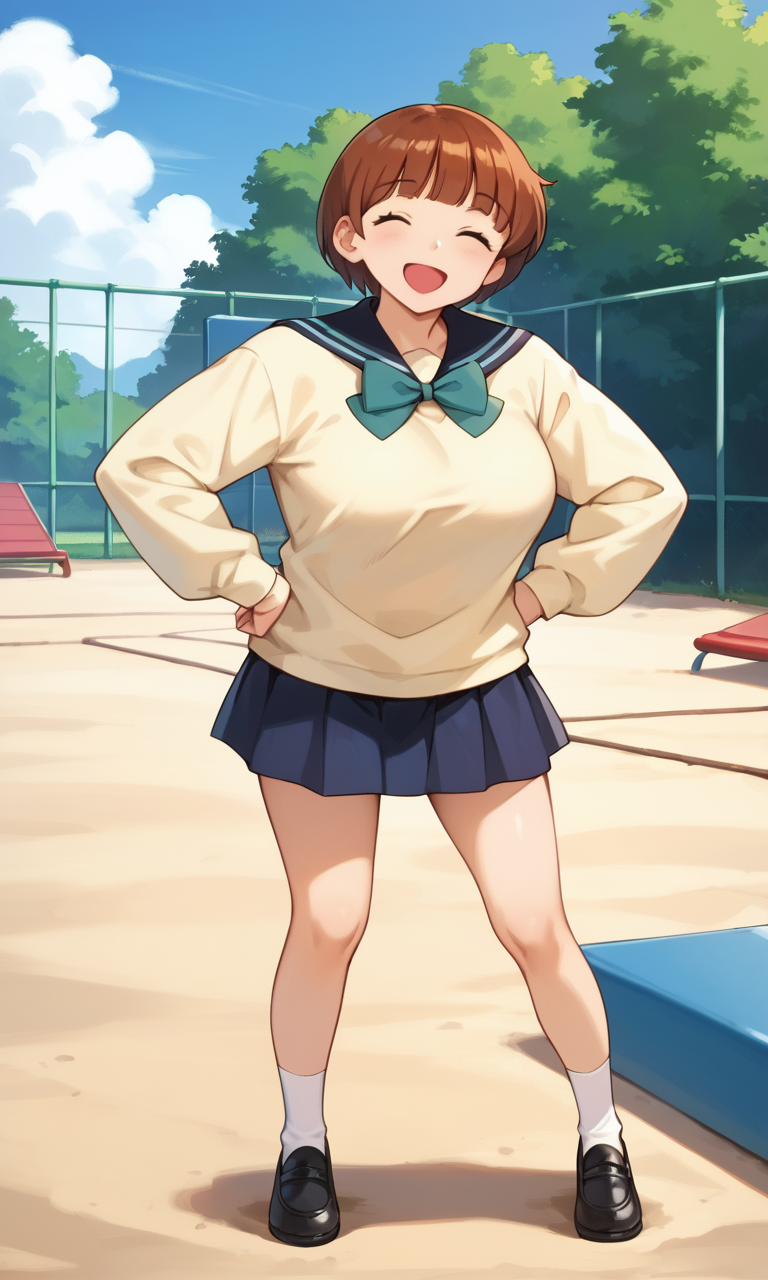 (1girl:1.5), (solo:1.3), (score_9, score_8_up, score_7_up, score_6_up, score_5_up, score_4_up), (source_anime), rating_questionable, (looking at viewer, full body:1.3), outdoors, blue sky, school,
 (yellow sweater, oversized clothes, long sleeves, blue sailor collar, green bowtie, blue skirt, pleated skirt, miniskirt, white socks, black footwear), (large breasts), <lora:mari-friend-mika_v1:0.9> (mari-friend-mika), (black eyes, brown hair, short hair, blunt bangs), (smile, happy, open mouth, wide mouth),
standing tall, hands on own hips, happy, closed eyes, playground, legs apart, swagger