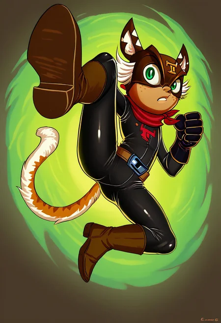 score_9, score_8_up, score_7_up, Crazyoe, 1boy, solo, male focus, El_Tigre, Mask, Green Eyes, white sideburns, Freckles, Cat Ears, Black Bodysuit, belt buckle, brown boots, Red Bandana around neck, black Gloves, tail, green aura, jumping kick, kicking, from below, jumping, foot focus