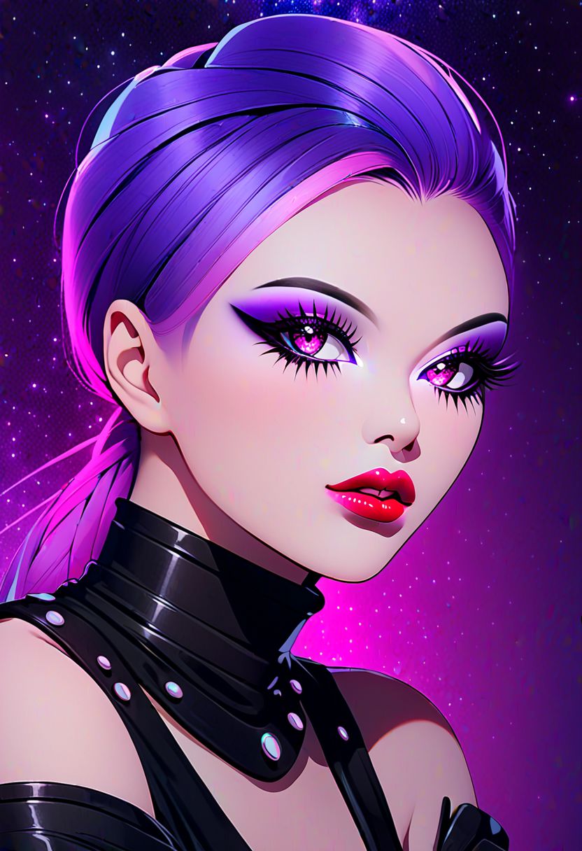 neo noir style portrait of a beautiful woman painted on wall with light, stunning beauty, soft light, pastel colors ,black and purple hair, dark punk, heavy makeup, line art, postmodernism, neo noir,   simple background, glowing lips, lips closed, light smile, masterpiece, natural style,  braided mohawk,, realistic and detailed eyes, beautiful eyes, amazing eyes,kawaii makeup dark makeup, nerd, red glowing lips, bangs,