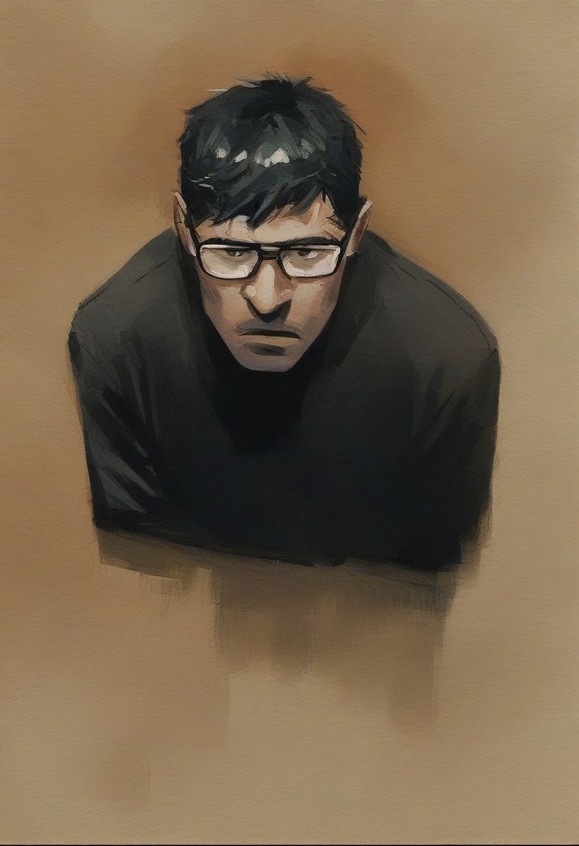 score_9, score_8_up, score_7_up, score_6_up, 1boy, watercolor painting, cowboy shot, (nerd), ((man phasing through a wall)), glasses, black t-shirt, pimples, ((half of his arm morphing through the wall)), worried, solo, short hair, dark background, shadows, expressive, black linework, ((half of body visible))