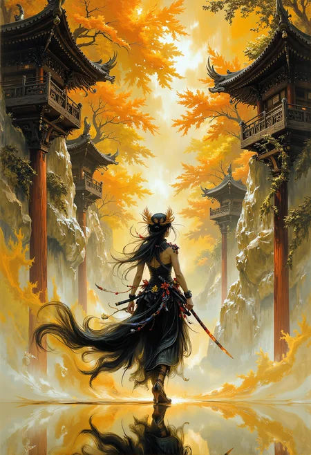 A stunning ink art piece, yellow white and black , sharp focus, female asian with katana, walking towards viewer. retrofuturism, by tomasz alen kopera and asher brown durand and phil hale and alphonse mucha <lora:Ethereal Grace - s1 g4.safetensors:0.5>, <lora:midjourney_whisper_flux_lora_v01.safetensors:0.7>, <lora:zhongfenghuaStyle_FLUX_ Lora.safetensors:0.7>, <lora:Midjourney_-_SemiReal_Dreams_FLUX_LoRA.safetensors:0.7>,