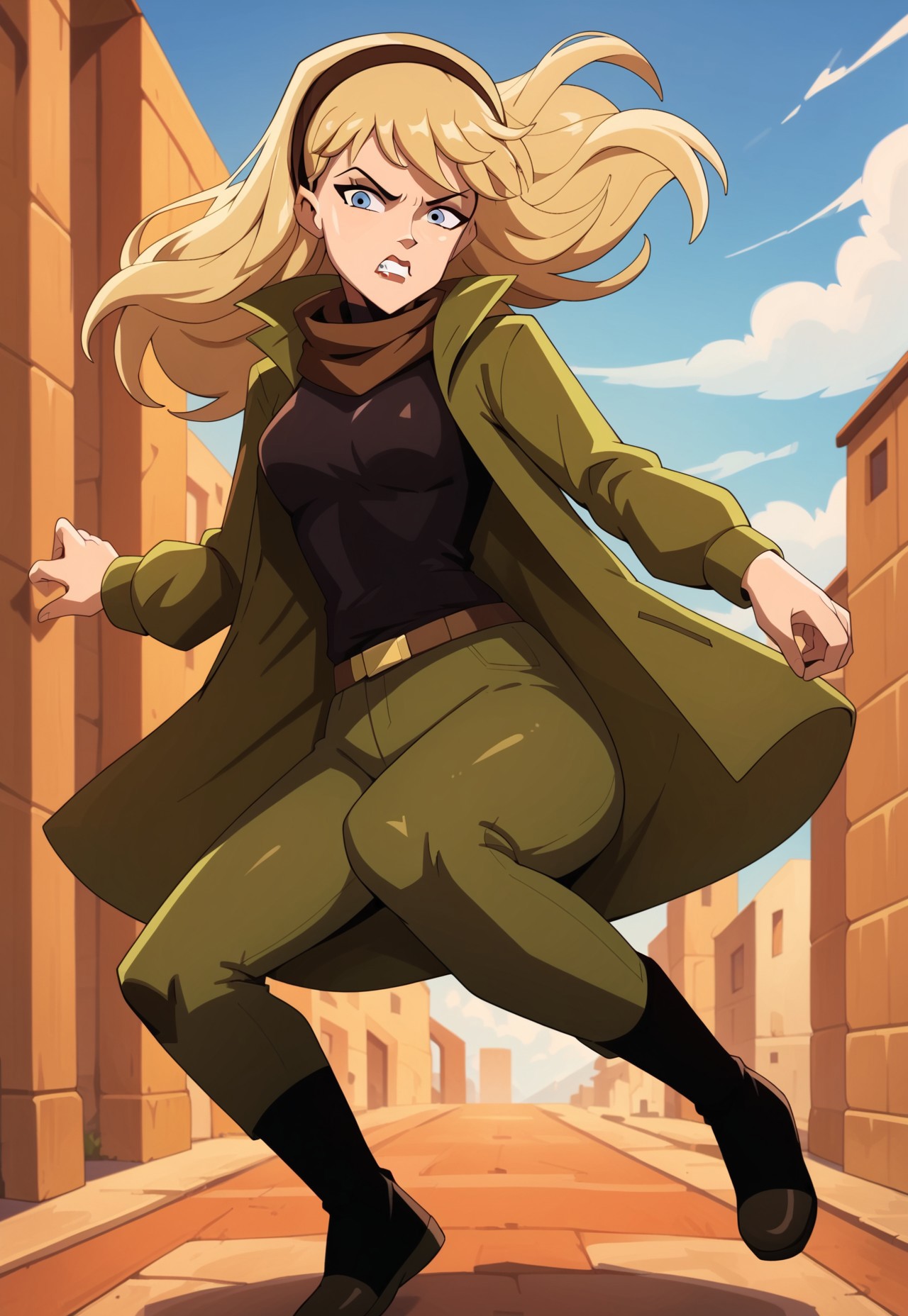 score_9, score_8, score_7, source_cartoon, gwen stacy, shirt, floating hair, outdoors, full body, looking at viewer, open clothes, scarf, brown hairband, angry