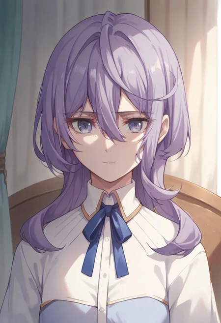 score_9, score_8_up, score_7_up, source_anime, philia parnacorta, purple hair, purple eyes, solo, 1girl, blue ribbon, shirt, ribbon, neck ribbon, curtains, upper body, closed mouth, hair between eyes, long hair