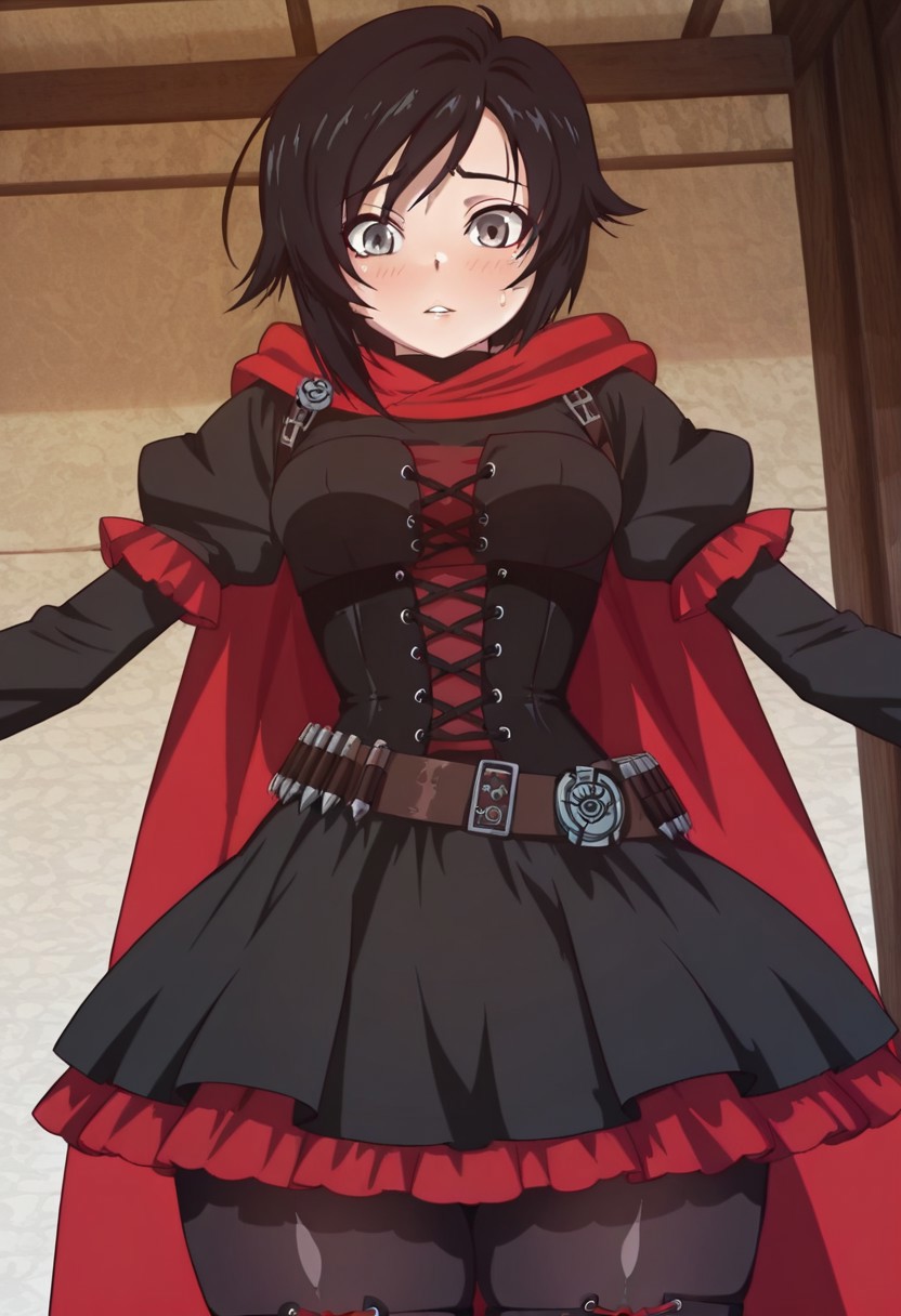 anime screencap, masterpiece, expressiveh, anime coloring, (goldbear ani:1.5), flat color
score_9, score_8_up, score_7_up, score_6_up, 
1girl, solo, silver eyes, medium breasts, thick thighs, shiny skin, narrow waist, wide hips, perfect body, fit body, narrow shoulders, RubyRose, detailed face, detailed eyes, expressive eyes, short body, cute face, cute eyes,
black hair, short hair,
Vol1Huntress, black dress, corset, red frills, frilly sleeves, black pantyhose, lace-up boots, bandolier, red cape
scared eyebrows, parted lips, looking at the viewer, sweat, blush, 
dynamic pose, dynamic angle, cowboy shot, sexy pose, arms in frame, 
skindentation, expressiveh, fantasy background, 
<lora:Expressive_H:1>