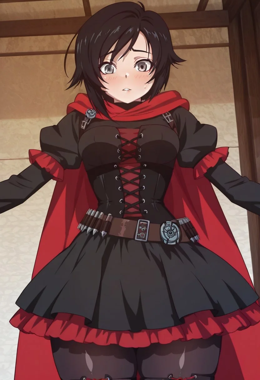 anime screencap, masterpiece, expressiveh, anime coloring, (goldbear ani:1.5), flat color
score_9, score_8_up, score_7_up, score_6_up,
1girl, solo, silver eyes, medium breasts, thick thighs, shiny skin, narrow waist, wide hips, perfect body, fit body, narrow shoulders, RubyRose, detailed face, detailed eyes, expressive eyes, short body, cute face, cute eyes,
black hair, short hair,
Vol1Huntress, black dress, corset, red frills, frilly sleeves, black pantyhose, lace-up boots, bandolier, red cape
scared eyebrows, parted lips, looking at the viewer, sweat, blush,
dynamic pose, dynamic angle, cowboy shot, sexy pose, arms in frame,
skindentation, expressiveh, fantasy background,
<lora:Expressive_H:1>