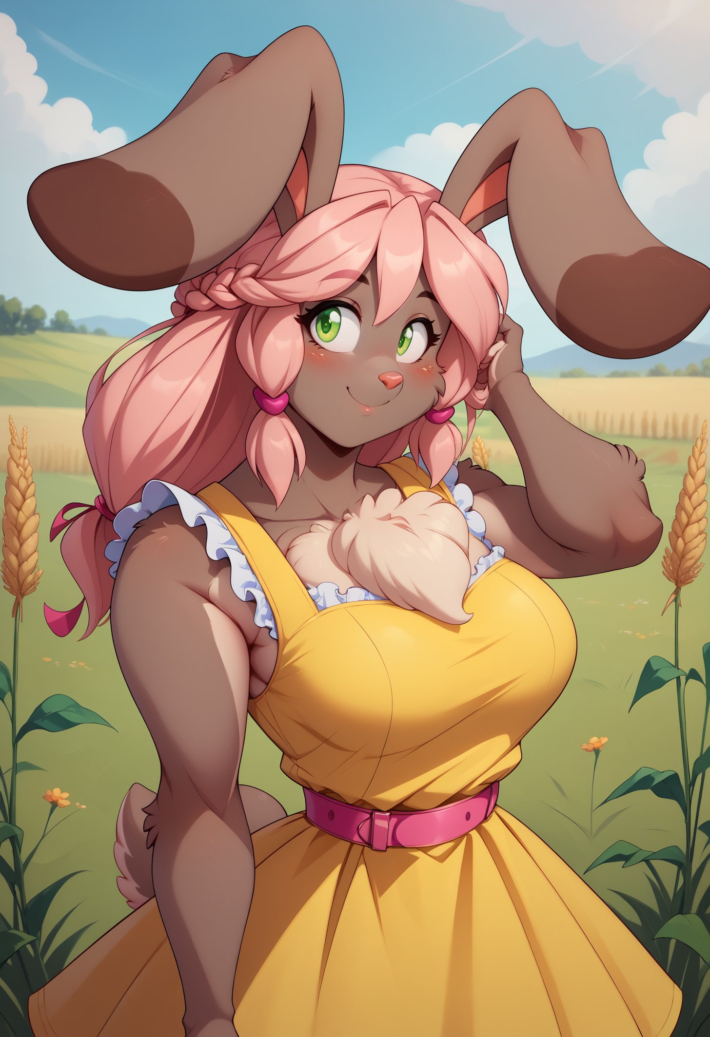 score_9, score_8_up, score_7_up, detailed background, BREAK 1girl, solo, riataffrudi, two-tone fur, rabbit girl, animal ears, rabbit tail, green eyes, pink hair, long hair, hair tubes, sidelocks, large breasts, <lora:Ria-Taffy-RudigerPDXL_V1-Manityro-CAME:1.0>, outdoors, wheat field,
looking at viewer, smile, closed mouth, blush, three-quarter view, hand in hair, 
yellow sundress, sleeveless, white frills, pink belt, pink center bow,