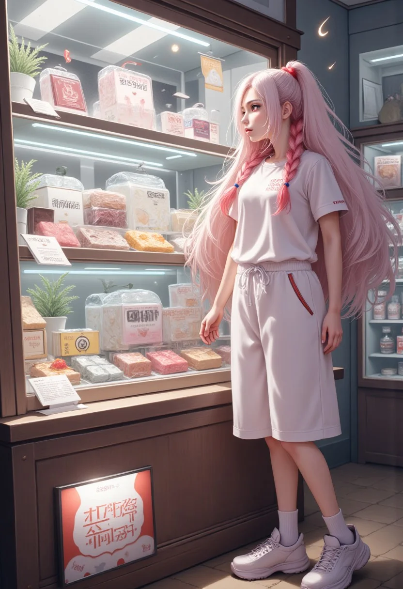 masterpiece, detailifier, shaders, perfect shadows, perfect lightning, perfect shaders, real anime style, detail eyes, magic eyes, de01, high resolution, high definition, 4k, great details, high quality, detailed, high detailed anime style, girl with long white and red hair, white sports shirt and long sports shorts, white socks, old tennis shoes, would be looking at a display case which sells various products, these would have their price (randomly over 1000) and with a small yellow buzz symbol (yellow lightning) replacing the dollar symbol, minimalist shop, minimalist ambient, the display case would be very well decorated and detailed, a sign in the display case that says only buzz are accepted, from the girl would come out a cloud that represents her thought which has an empty wallet and next to it a yellow buzz symbol (yellow lightning), hair simulating movement, detailed hair, detailed image, realistic hair movement simulation, extremely detailed hair, realistic hair, beautiful face, gorgeous face, perfect face, display case with valuable items, has a smile of excitement when seeing something, A illustration in the rimixa style, anatomically perfect body, sign, buzz simbol, buzz image, cloud hair, minimalist style, legible letters, English words, ponytail, fluffy hair, minimalist shop, minimalist ambient, fitness body, beautiful face, electronic shop