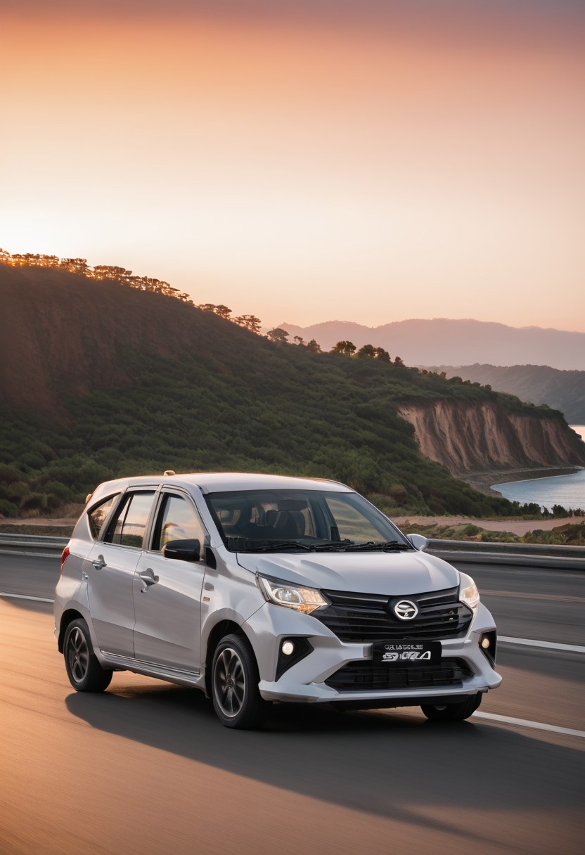 high resolution, best quality, Car, Daihatsu Sigra, Winding coastal road, sunset, cliffs,