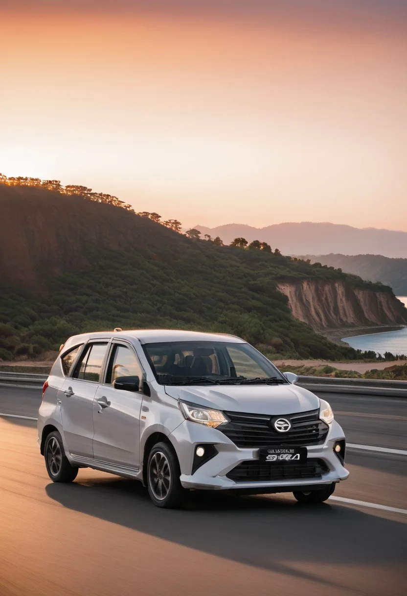 high resolution, best quality, Car, Daihatsu Sigra, Winding coastal road, sunset, cliffs,