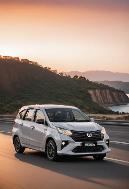 high resolution, best quality, Car, Daihatsu Sigra, Winding coastal road, sunset, cliffs,