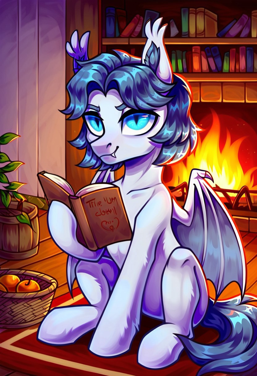 score_9_up, score_8_up, score_7_up, score_6_up, (best quality:1.1), ultra-detailed, high resolution, solo, Armed_Sage, bat pony, bat pony oc, mlp, feral, male, white fur, gray medium mane, animal ears, fluffy ears, ear fluff, blue eyes, long eyelashes, (happy expression, cute face:1.3), fang out, looking at viewer, sitting, indoors, open book, reading book, slight smile, sitting in a wooden chair, fancy room background, fruit basket, fireplace lit, detailed background, black indoors, home, bookshelf, lorge window, night sky, night, moon, forest outdoors, highly visible, sharp focus, anatomically correct, cozy atmosphere