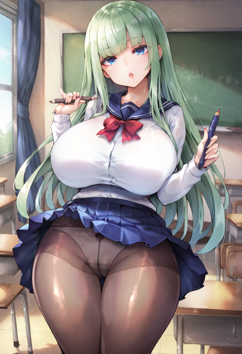 score_9, score_7_up,  1girl, 
solo, huge breasts, wide hips, thick thighs, blue eyes, standing, cameltoe, holding pencil, indoors, hair intakes, thighs, long sleeves, black pantyhose, breasts, holding, skirt, curvy, pantyhose, blue skirt, blunt bangs, very long hair, pencil, desk, open mouth, looking at viewer, chair, :o, long hair, green hair, panties, underwear, classroom, pantyshot, eyebrows, pleated skirt, panties under pantyhose, chalkboard, school uniform, serafuku
 <lora:Tousen-Style-PonyXL-GLoRA-v1.1-000055:1>