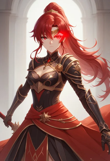score_9, score_8_up, score_7_up, source_anime, , HD, masterpiece, best quality, hyper detailed, ultra detailed, 1girl, Pyrrha Nikos (RWBY), green eyes, red hair, long hair, ponytail, hair between eyes, forehead protector, medium breasts, circlet, gold armlet, black elbow gloves,
Knight, plate armor, wielding a sword and shield, dramatic pose,
(red eye trail:2.0), yellow eye trail,