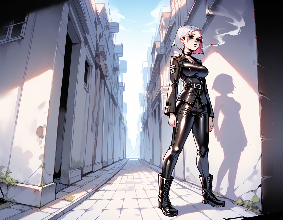 (score_9,score_8_up,score_7_up:1), 1girl, full body, dutch angle high, horror, (shadow contrast, cinematic lighting), sad, (goth, (black lipstick, black mascara, black eyeshadow)), (milf), white hair pink highlights, shoulder length hair, choker, eyeshadow)), (white soft skin), medium breasts, <lora:breasts++-PD-round-1.0:1> round breasts , (smoking a cigarette ,<lora:sm0k3XLP:.6>), alien bedroom, (Black leather jacket, black leather pants, black riding boots, silver trim), <lora:Latex_Dungeon_ZXC_Style_Pony_-_Snoodler_-_V3:1> zxc_style