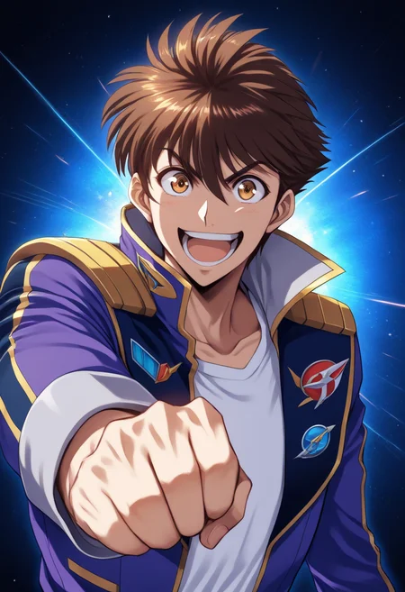 <lora:ryuusei_date:0.7>,ryuusei date,1boy,male focus,open mouth,clenched hand,space,smile,blue jacket,fist bump,solo,jacket,shirt,white shirt,looking at viewer,upper body,:d,teeth,masterpiece,high score,great score,absurdres,