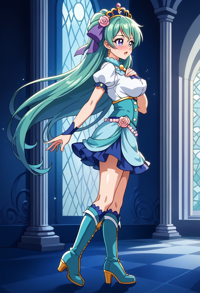 detailed background,shiny skin,rating safe,highly detailed,beautiful face, perfect anatomy,shiny clothes,1girl,devastated,blushing,crying,masterpiece,High quality,Ultra detailed,insanely detailed,highly detailed,finely detailed,highres,ultra detailed,very authentic,exquisite,ultra quality,high resolution,16k, 
<lora:curemermaid.pony:1>,curemermaid,large breasts,wide hips,dark dungeon,cold stone wall,kneeling,arms up,chains,restrained,squirm,(((ugly man sex from behind))),(((ugly man grabbing breasts from behind))),((trembling 
effect motion lines with sexual climax )),cameltoe,erect nipples,love juice overflowing,public hair,from side,dramatic angle,boots in the frame,full body,full shot,(((detailed face,cute,idol))),shiny clothes,