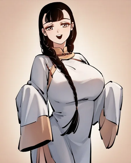 masterpiece,best quality,curvy,venus body,
<lora:miaoqingqing:1>,miaoqingqing,1girl,solo,black footwear,sleeves past fingers,smile,open mouth,sleeves past wrists,looking at viewer,long sleeves,portrait,