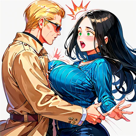 score_9, score_8_up, score_7_up, score_6_up, source_anime, <lora:_sdxl-chichibinta-pony:0.3> chichibinta, (((body turn and tits swinging, slap someone with swinging boobs, tits slap, couple, hetero, duo, from side, head on breasts, head between breasts, motion lines, open mouth, surprised))),
BREAK <lora:albertwesker-guy-PONYv1:1> albertwesker, albert wesker, 1boy, blonde, black gloves, sunglasses, belt, pants, long coat, trench coat, black coat, black pants, toned, athletic, fit, slicked back hair, black turtleneck, zipper, mature male, looking at another, head on breasts, being slapped by breasts, head between breasts,
BREAK 1girl, (curly hair), long hair, (black hair), mature female, (parted hair:1.7), (round face), (no_bangs:1.3), (no_fringe:1.6), looking at viewer, (thick eyebrows:0.9), (plump, curvy), round-chin, breasts, caucasian, down-turned eyes, (forehead:0.65), <lora:ETO_OCPonyXL:0.5> eto_oc, skindentation, naughty smile, thick thighs, wide hips, petite, busty, voluptuous, :o, surprised, looking at another, breasts on another head, slapping with her breasts,