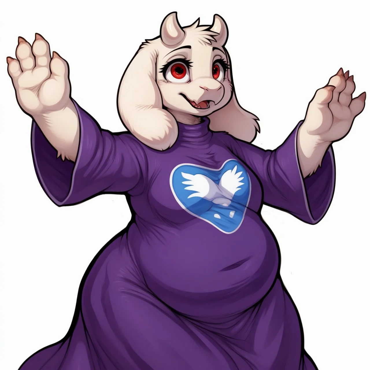 PonyXLV6_Scores ,
PnyCmicXLPOS,
DskfllArtPosXLPNY,
1girl,
female focus,
solo,
monster,
toriel,
goat,
white horns,
dress,
purple dress,
red eyes,
sleeve,
white sleeve,
long sleeve dress,
chubby,
medium tits,
random pose,
white background,
simple background,
<lora:Toriel_Undertale_Pony_SDXL:1>