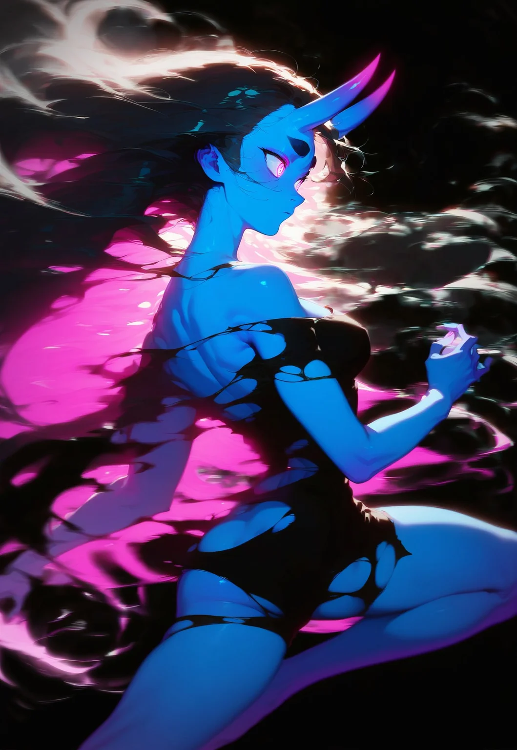 (Blend_in, black background), score_9, score_8_up, score_7_up, masterpiece, best quality, absurdres, vibrant, highly detailed, very aesthetic, sidelightning, high contrasts, mature, beautiful, stunning, 1girl, solo, Kuroni Black, colored skin, deep blue skin, Aka-Oni, oni girl, straight horns, black hair, long hair, flowing hair, pink eyes, glowing eyes, short thick eyebrows, (((adult))), torn clothes, black clothes, sensual, erotic, dynamic pose, floating, (mid air:1.2)
