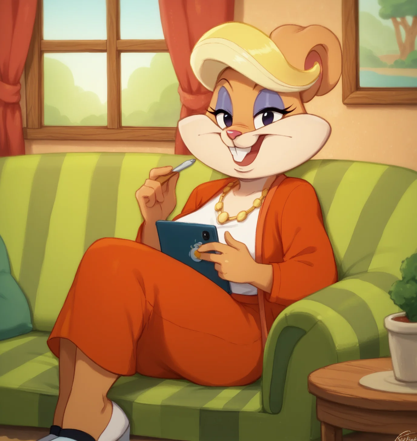 score_9, score_8_up, score_7_up, score_6_up, Detailed Background, BREAK
<lora:Patricia_Bunny_Looney_Tunes_for_PonyXL:0.8>, patriciabunny, furry female, 1girl, blonde hair, smile, animal ears, jewelry, teeth, BREAK
Living Room, sitting on couch, table, window,