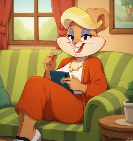 score_9, score_8_up, score_7_up, score_6_up, Detailed Background, BREAK
<lora:Patricia_Bunny_Looney_Tunes_for_PonyXL:0.8>, patriciabunny, furry female, 1girl, blonde hair, smile, animal ears, jewelry, teeth, BREAK
Living Room, sitting on couch, table, window,