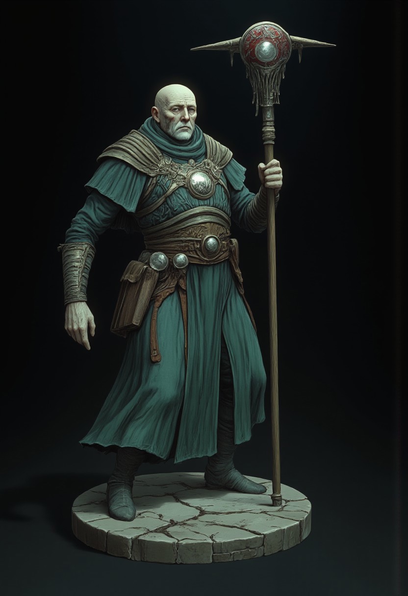 Standing in a hyper stanced extended action pose
a meddle aged bald medieval  summoner mage wearing a green sorcerers tunic and a wizards staff made out of wood zbrush
Set against a solid dark black color background to emphasize its unsettling unnatural form that emphasizes its silhouette. The medium is not a traditional painting or illustrative medium like watercolor or ink but rather a digital 3D rendering.
MikeFranchinastyle, d4artstyle, d4concept, , bbstyle,, horror theme,, zbrush, ZBClay model of a gray sculpture, 1990's, 1990's style