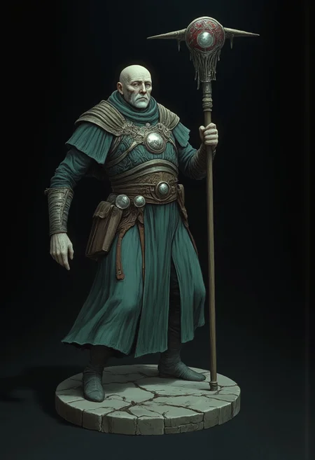 Standing in a hyper stanced extended action pose
a meddle aged bald medieval summoner mage wearing a green sorcerers tunic and a wizards staff made out of wood zbrush
Set against a solid dark black color background to emphasize its unsettling unnatural form that emphasizes its silhouette. The medium is not a traditional painting or illustrative medium like watercolor or ink but rather a digital 3D rendering.
MikeFranchinastyle, d4artstyle, d4concept, , bbstyle,, horror theme,, zbrush, ZBClay model of a gray sculpture, 1990's, 1990's style