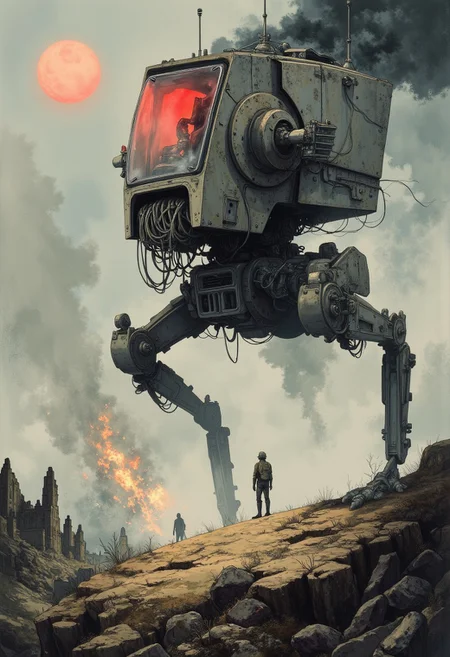 In the heart of a desolate, war-torn wasteland, shrouded in the ominous glow of a blood-red moon partially obscured by toxic, swirling clouds, a colossal, mechanized Scout Walker advances with menacing precision. Its enormous, metallic legs crash into the cracked, barren earth as it strides across the ruined landscape, its bulky, nearly impervious form dominating the environment. The Scout Walker’s frame, built of cold, transparent materials, reflects the distorted lights of burning city ruins, casting fleeting, eerie shadows that stretch across the wasteland.
A dull hum emanates from its body, barely audible over the crackling static that fills the air. The Walker’s form flickers between visibility and invisibility as it moves, its mechanical joints creaking ominously with each step. The faint glimmer of distant explosions reflect off its glassy surface, giving it an almost ghostly appearance as it navigates through the wreckage. The Scout Walker is coated in a layer of smoke and ash, with deep metallic greys and reds refracting light from the crumbling skyline.