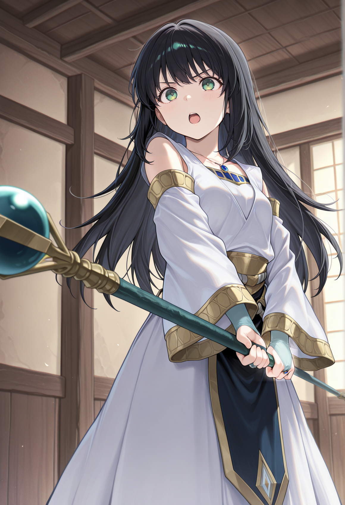 1girl, serious, solo, black hair, long hair, pendant, green eyes, white dress, long sleeves, wide sleeves, detached sleeves, bare shoulders, bridal gauntlets, holding staff, indoors, open mouth, small breasts <lora:viki_illus:0.8> brave_pose <lora:Brave_Pose:1>, masterpiece, best quality, amazing quality, very aesthetic, absurdres, highres, newest