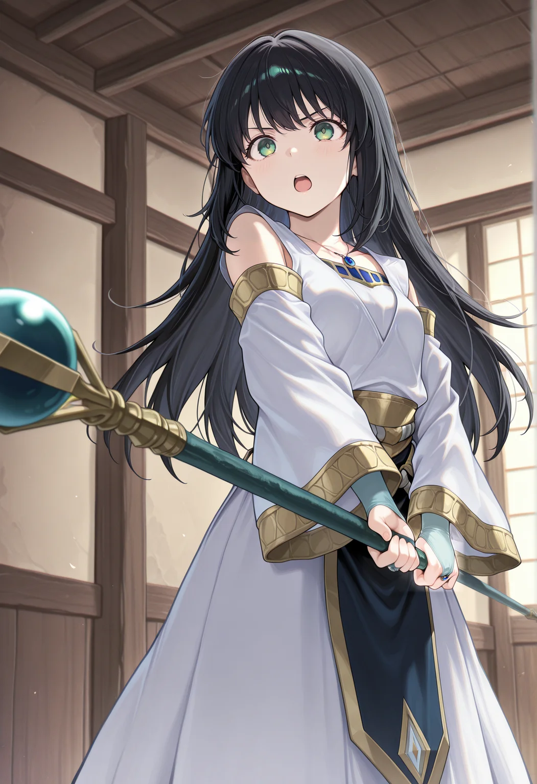 1girl, serious, solo, black hair, long hair, pendant, green eyes, white dress, long sleeves, wide sleeves, detached sleeves, bare shoulders, bridal gauntlets, holding staff, indoors, open mouth, small breasts <lora:viki_illus:0.8> brave_pose <lora:Brave_Pose:1>, masterpiece, best quality, amazing quality, very aesthetic, absurdres, highres, newest
