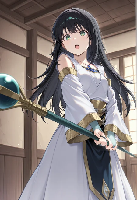 1girl, serious, solo, black hair, long hair, pendant, green eyes, white dress, long sleeves, wide sleeves, detached sleeves, bare shoulders, bridal gauntlets, holding staff, indoors, open mouth, small breasts <lora:viki_illus:0.8> brave_pose <lora:Brave_Pose:1>, masterpiece, best quality, amazing quality, very aesthetic, absurdres, highres, newest