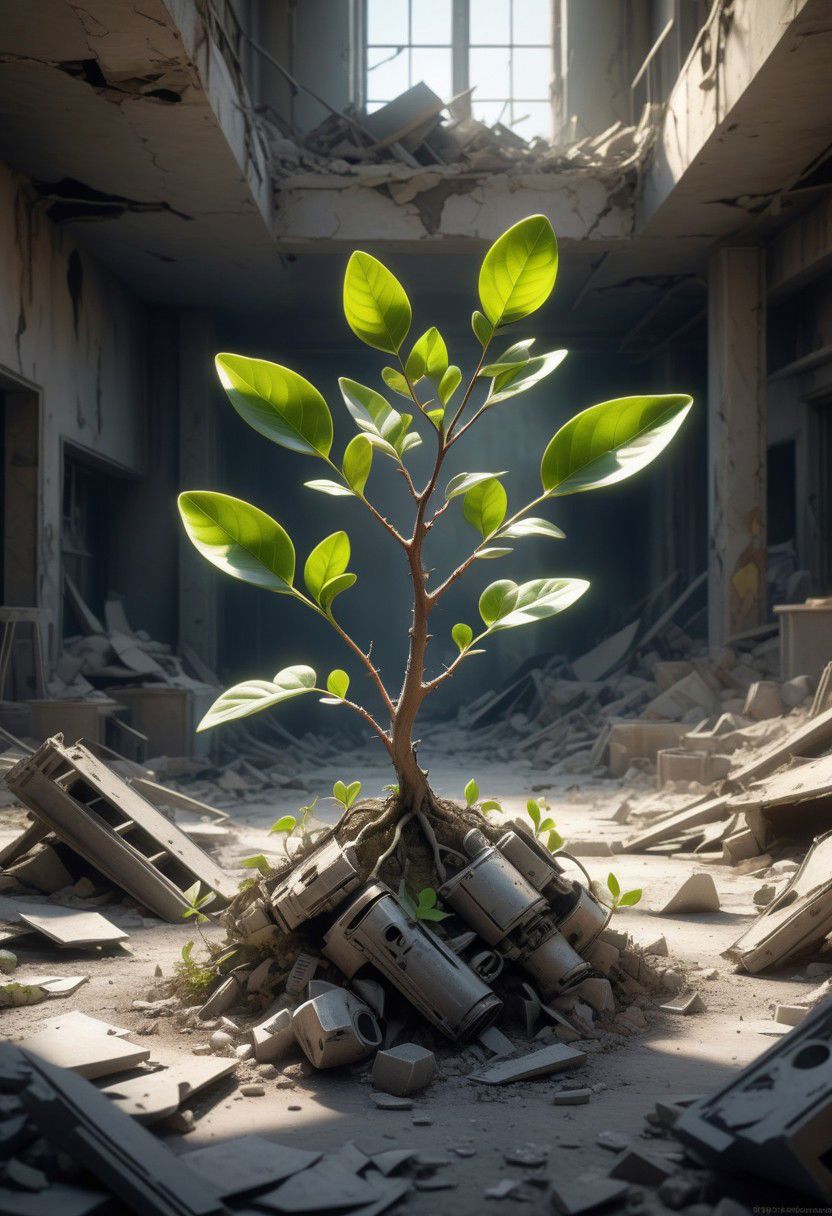 post-apocalyptic wasteland, nuclear fallout, the most beautiful and perfect small sprig plant with green leaves growing from dust and rubble, delicate and vulnerable, representing hope and a new beginning, vibrant colors, dramatic light, extremely detailed,