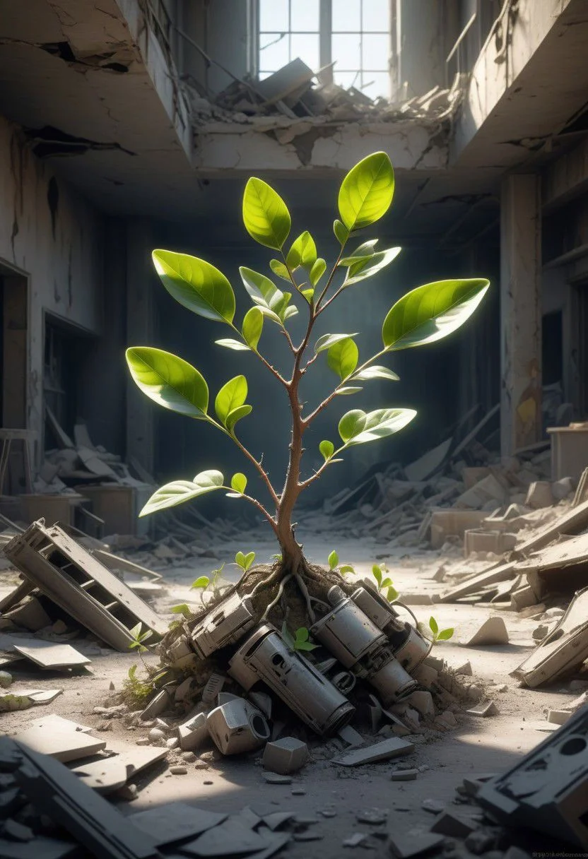 post-apocalyptic wasteland, nuclear fallout, the most beautiful and perfect small sprig plant with green leaves growing from dust and rubble, delicate and vulnerable, representing hope and a new beginning, vibrant colors, dramatic light, extremely detailed,